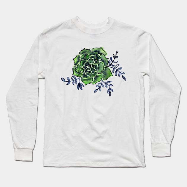 Watercolor houseleek - green and indigo Long Sleeve T-Shirt by wackapacka